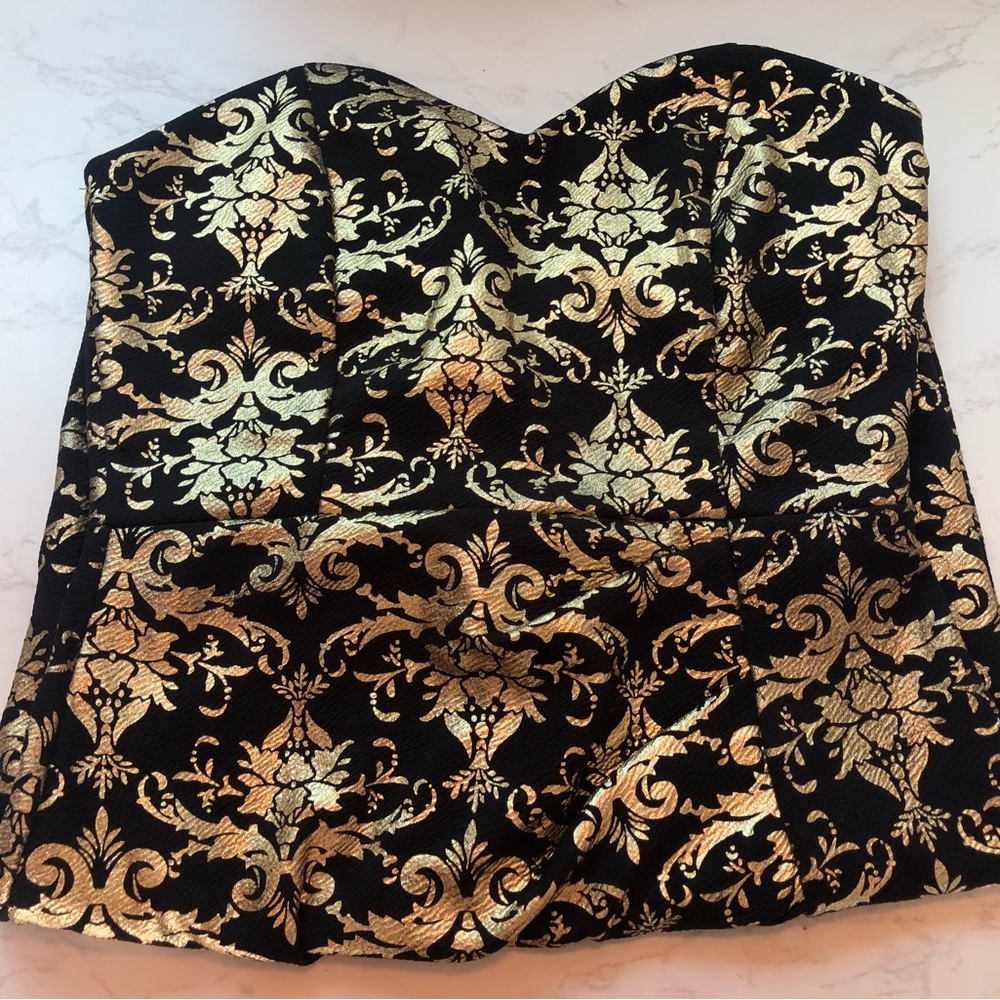 The Vintage Shop Black and Gold Strapless Brocade Dress